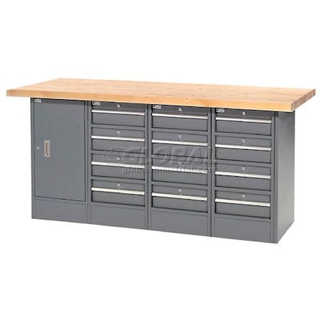 Global Industrial Workbench w/ Maple Square Edge Top, 12 Drawers & 1 Cabinet, 72inWx30inD, Gray 239161
